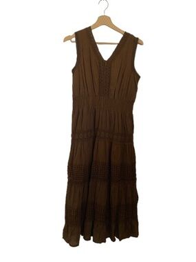 Brown Crochet-Trim Maxi Dress with V-Neck